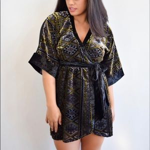 wanderlux | black & gold velour faux wrap dress